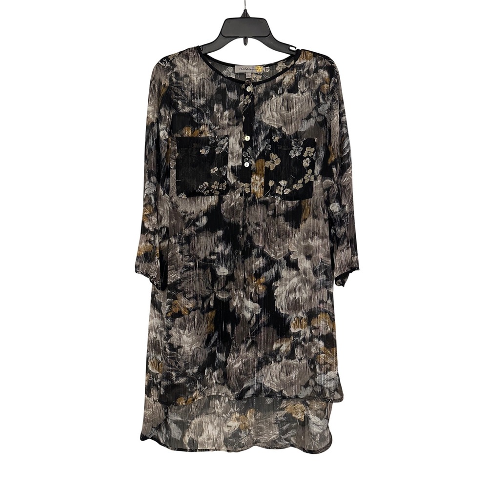 Figureroa & Flower Sheer‎ Tunic Womens Sz L Gunmetal Floral Resortwear Beach New